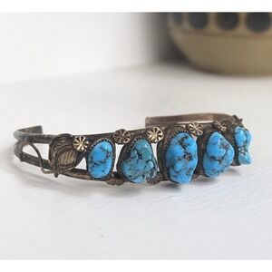 Vintage Native American natural Turquoise Signed 12K Gold Filled Cuff Bracelet